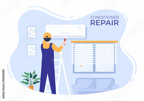 Air Conditioner Repair or Installation Illustration with Unit Breakdown, Maintenance Service, Cooling System in Flat Style Cartoon Concept