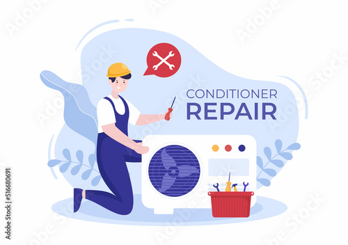 Air Conditioner Repair or Installation Illustration with Unit Breakdown, Maintenance Service, Cooling System in Flat Style Cartoon Concept
