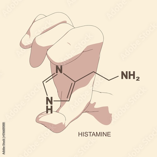 Hand holding chemical molecular formula of histamine.