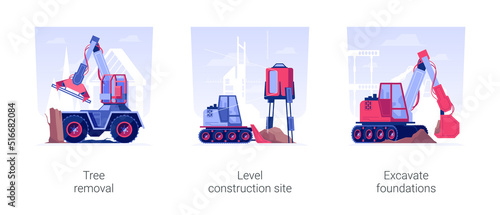 Excavation works at construction site isolated concept vector illustration set. Tree removal, level construction site, bulldozer excavates the foundation for building new house vector cartoon.
