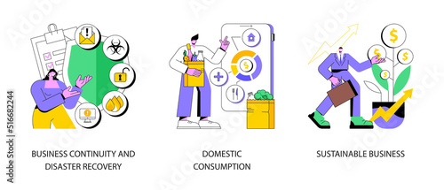 Anti-crisis strategy abstract concept vector illustration set. Business continuity, disaster recovery, domestic consumption, sustainable business, economics, risk management abstract metaphor.