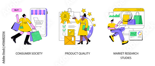 Customer satisfaction abstract concept vector illustration set. Consumer society, product quality, market research studies, retail app, customer habit and need research, focus group abstract metaphor.