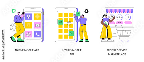 Software application abstract concept vector illustration set. Native and hybrid mobile app, digital service marketplace, open platform, online store, source code, run offline abstract metaphor.