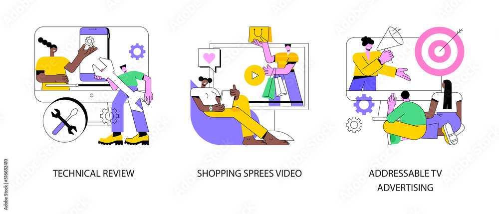 Video content abstract concept vector illustration set. Technical review, shopping sprees video, addressable TV advertising, personal vlog, target marketing, new device review abstract metaphor.