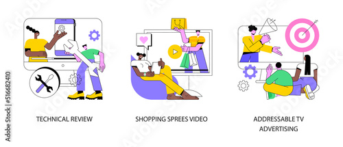 Video content abstract concept vector illustration set. Technical review, shopping sprees video, addressable TV advertising, personal vlog, target marketing, new device review abstract metaphor.
