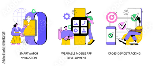Modern devices abstract concept vector illustration set. Smartwatch navigation, wearable mobile app development, cross-device tracking, smart tracker, GPS watch, user profile abstract metaphor.