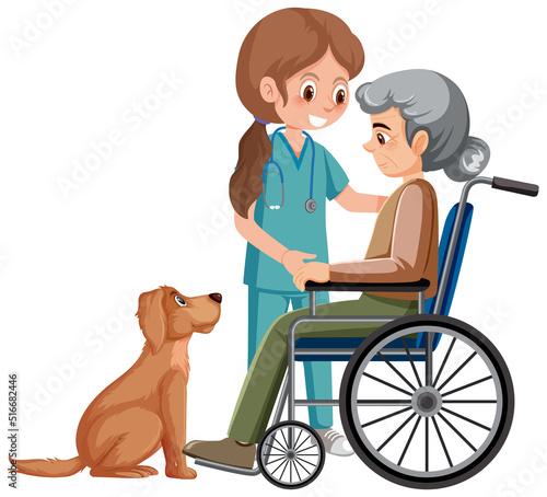 Elderly woman in wheelchair and nurse