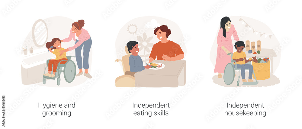 Children with disabilities self-care skills isolated cartoon vector illustration set. Hygiene and grooming, independent eating skills, independent housekeeping, inclusive daycare vector cartoon.
