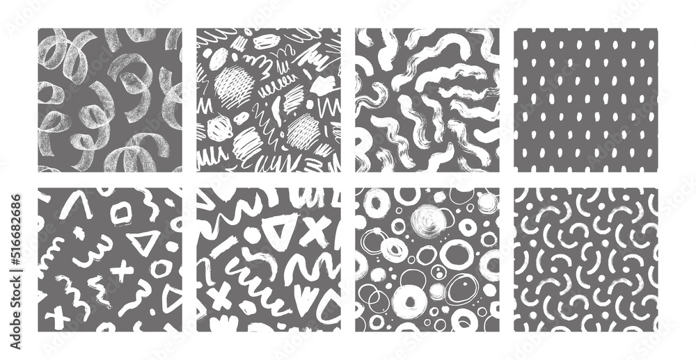 Abstract geometric shapes seamless pattern collection. Geometric ornaments with black brush strokes, doodle elements, swirls and scribbles. Memphis design, simple shapes. Set of abstract wallpapers