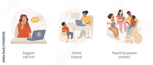 Families of children with special needs isolated cartoon vector illustration set. Support call line, online tutorial for parents with disabled kids, parent-to-parent contact vector cartoon.