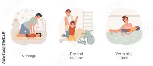 Therapy for disabled children in daycare isolated cartoon vector illustration set. Massage, physical exercise, swimming pool, inclusive kindergarten, motor disorder rehabilitation vector cartoon.