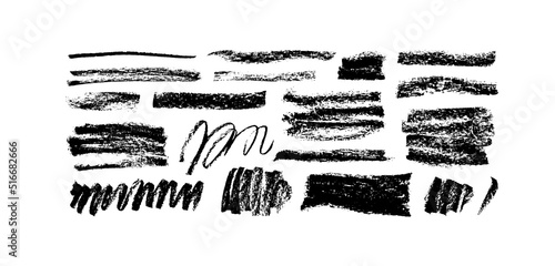 Set of hand drawn charcoal scribble lines isolated on white. Doodle style sketches. Dry black pencil or chalk smears. Scribble black strokes vector collection. Dark pencil sketches, drawings