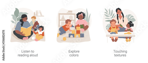 Daycare center for infants isolated cartoon vector illustration set. Early education, listen to reading aloud, explore colors, touching textures, mental development, kindergarten vector cartoon.