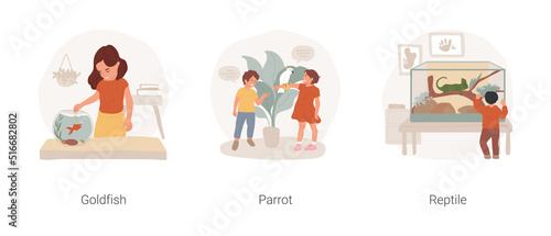 Living with pets isolated cartoon vector illustration set. Kid feeding a goldfish swimming in aquarium, pouring dry food, companion parrot, teach to talk, watch reptile behavior vector cartoon.