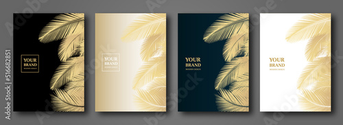 Tropical cover, frame design set with abstract palm leaf pattern (palm tree leaves). Premium gold, black vector background useful for brochure template, exotic restaurant menu, invitation