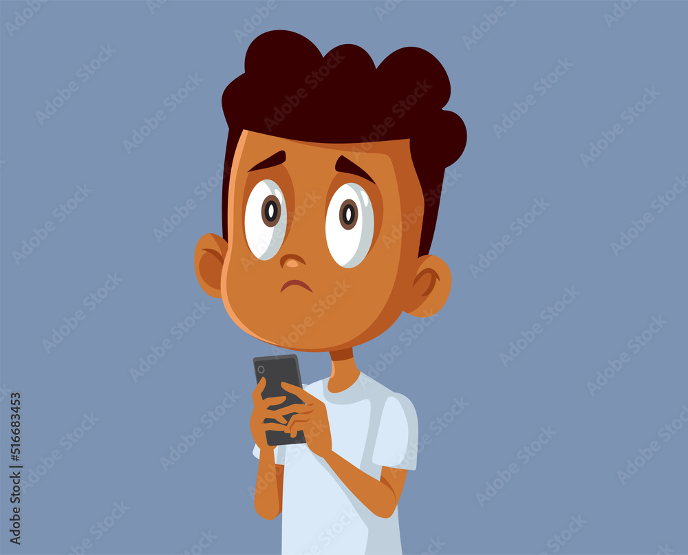 Sad Little Boy Holding a Smartphone Vector Cartoon Illustration. Unhappy  child feeling bad after reading hateful comments on social media Stock  Vector | Adobe Stock