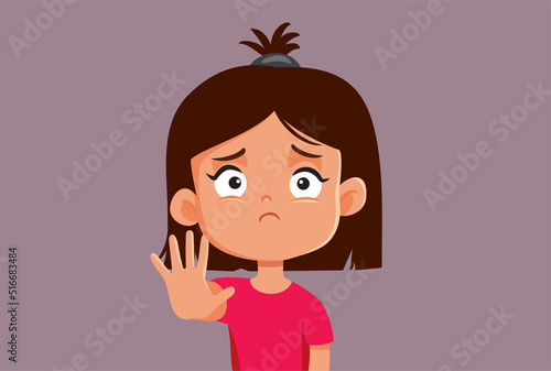 Little Girl Making Stop Hand Gesture Vector Illustration. Victim child feeling bullied and intimidated making a defensive sign

