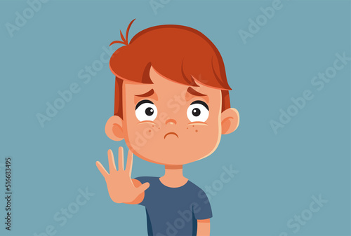 Little Boy Making Stop Hand Gesture Vector Illustration. Victim child feeling bullied and intimidated making a defensive sign
