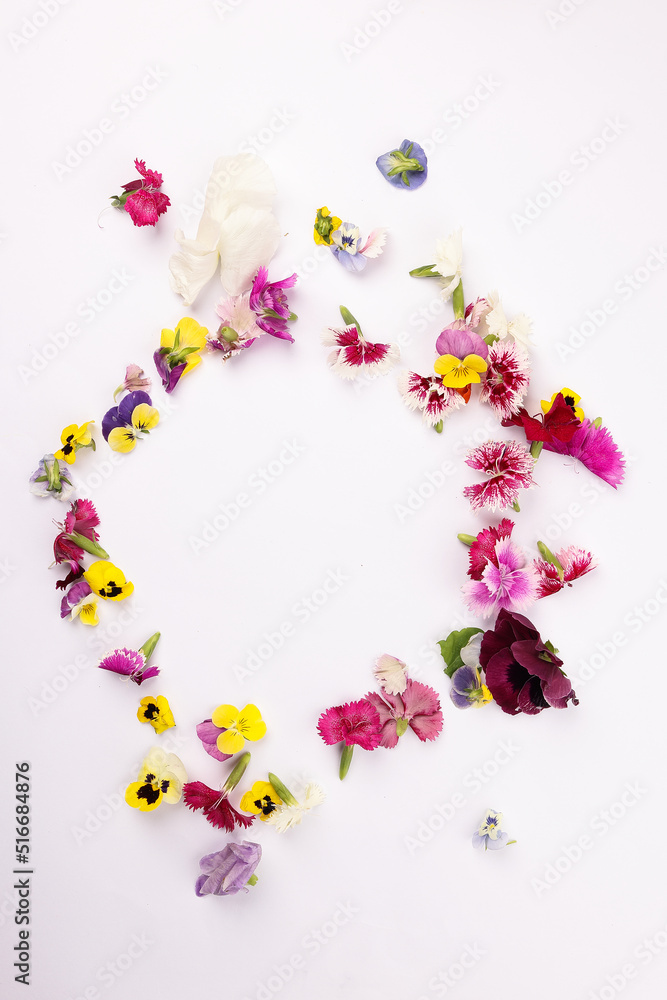 Beautiful colourful yellow violet wite red edible flowers border frame on white background copy text space