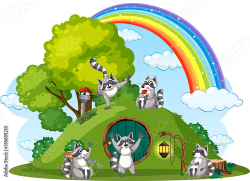Raccoon at hobbit house on white background