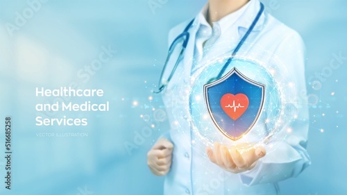 Healthcare, Medical services, life, family insurance concept. Doctor holding in hand protection shield with heart icon with heartbeat line. Virus protection. Health care, Medicine. Vector illustration