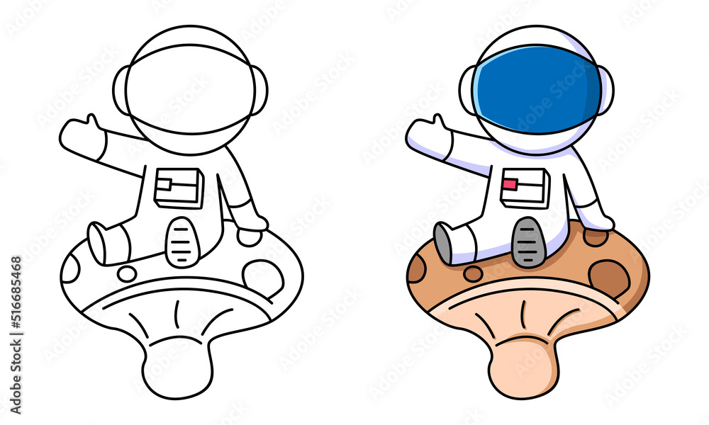 Obraz premium cute astronaut sitting on mushroom coloring page for kids