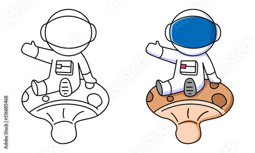 cute astronaut sitting on mushroom coloring page for kids