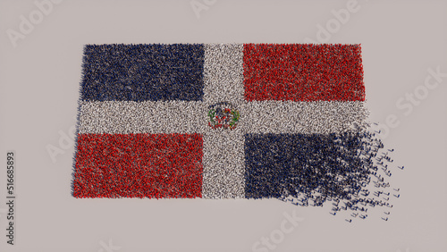 Aerial view of a Crowd of People, gathering to form the Flag of Dominican Republic. Dominican Banner on White Background. photo
