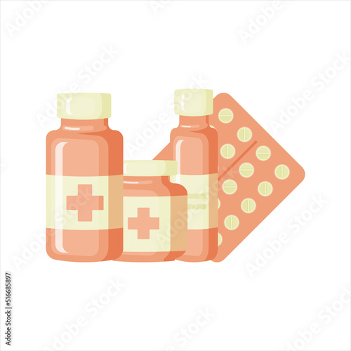 Medical bottle with label. Pill flat icon isolated on white background. Flat vector illustration.
