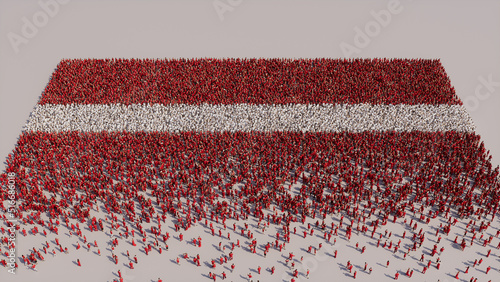 Aerial view of a Crowd of People, coming together to form the Flag of Latvia. Latvian Banner on White Background. photo