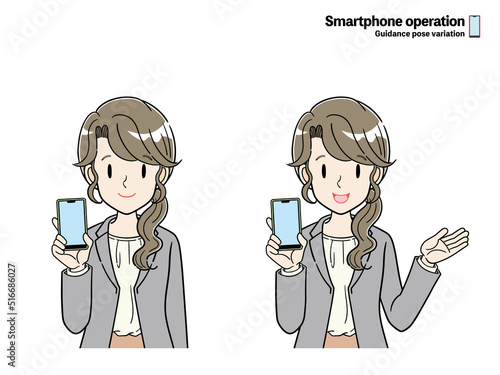 スマートフォンを持って案内するビジネスパーソン