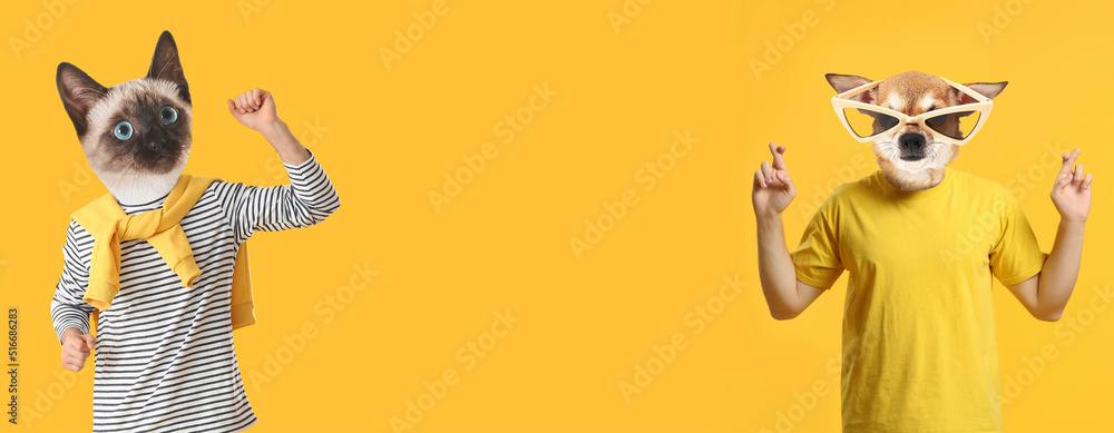 Cute cat and dog with human bodies on yellow background with space for text