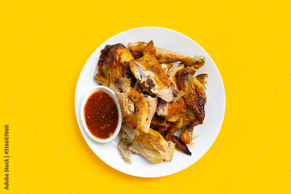 Grilled chicken, Thai style food on white background.