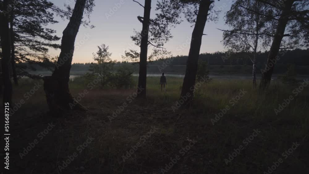 Static distant shot of a woman coming out of a forest at sunset in front of a lake Static distant shot of a woman coming out of a forest at sunset in front of a lake