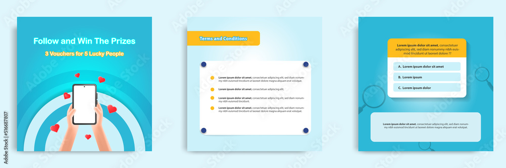 Social media post banner template layout in3D cartoon style. Quiz, challenge, gift, lottery concept Social media post banner template layout in3D cartoon style. Quiz, challenge, gift, lottery concept