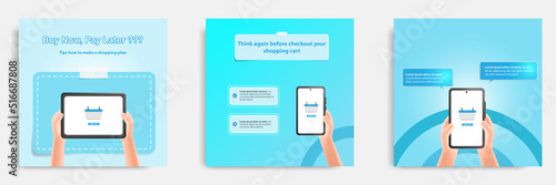 Social media post banner template, tips, tutorial, wisdom, advice, in 3D cartoon style. Checkout shopping cart, online shop pay later concept
