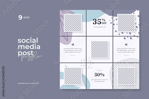 Social media post puzzle template, With abstract floral design, Pastel color background.