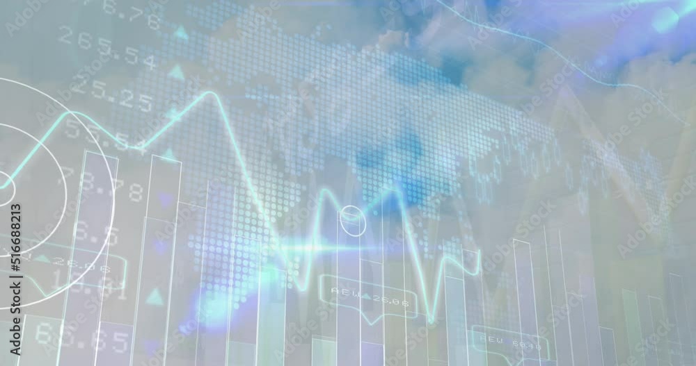 Animation of financial data processing over clouds on blue sky Animation of financial data processing over clouds on blue sky