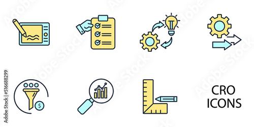 CRO - acronym of conversion rate optimization icons set . CRO - acronym of conversion rate optimization pack symbol vector elements for infographic web