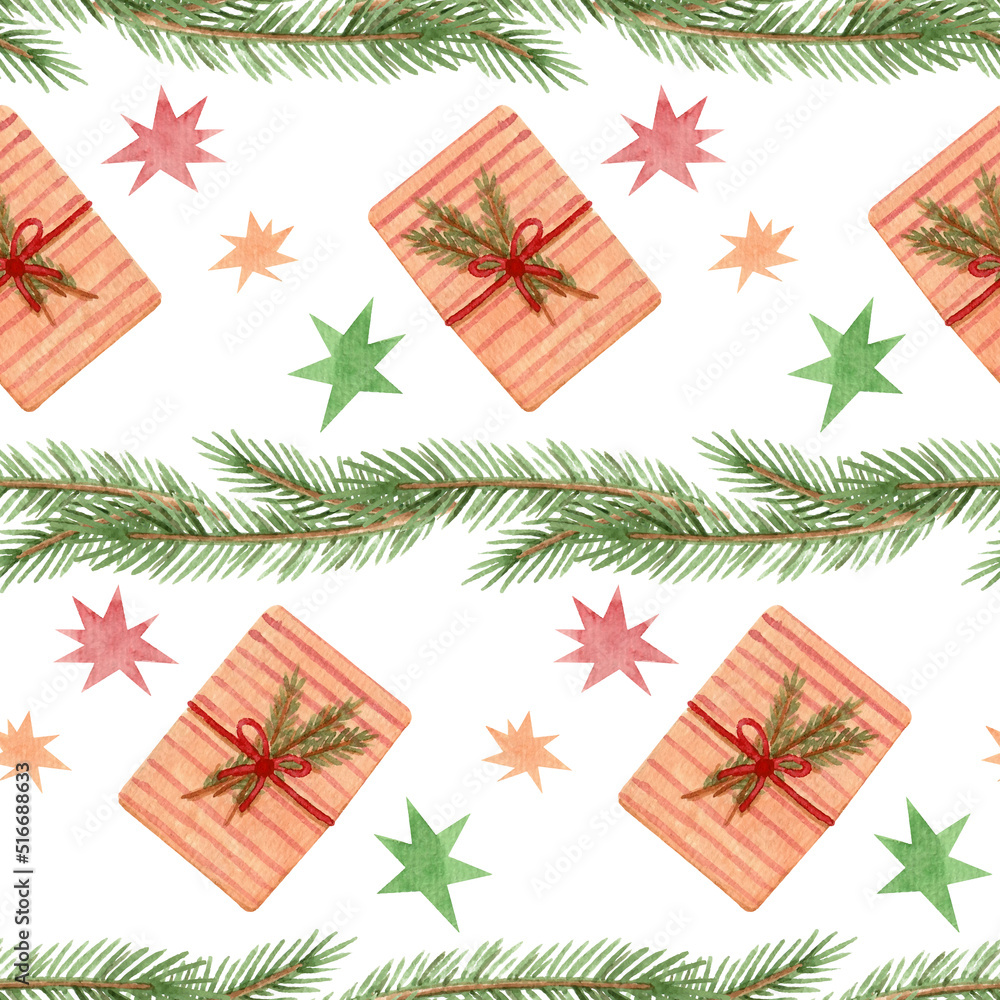 Seamless watercolor pattern with fir branches and gifts