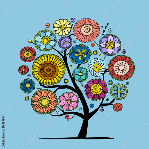 Fairy floral mandalas. Magic garden art. Concept tree for your design