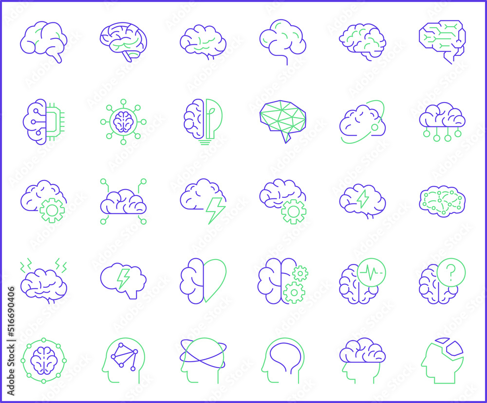 Simple Set of brain Related Vector Line Icons. Contains such Icons memory, mind, light bulb, brainstorming, human brain, psychology, thinking symbols and more.