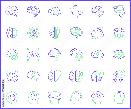 Simple Set of brain Related Vector Line Icons. Contains such Icons memory, mind, light bulb, brainstorming, human brain, psychology, thinking symbols and more.