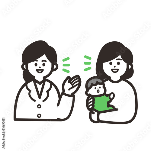 話し合う女性の医者と赤ちゃん連れの女性 green