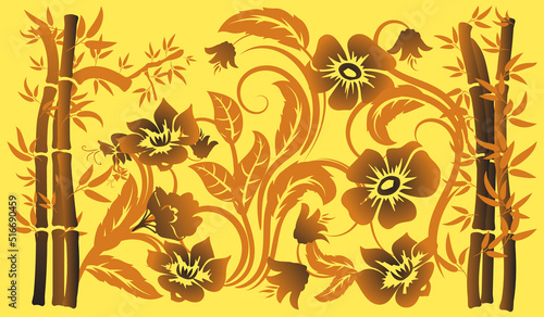 gradient floral flowers with bamboo clumps, in hand drawing on a yellow background