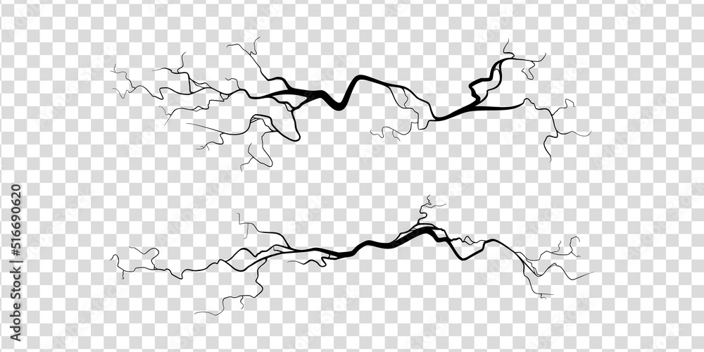 Crack on concrete or ground due to aging or drought. Set of fissures isolated in transparent background. Monochrome vector illustration