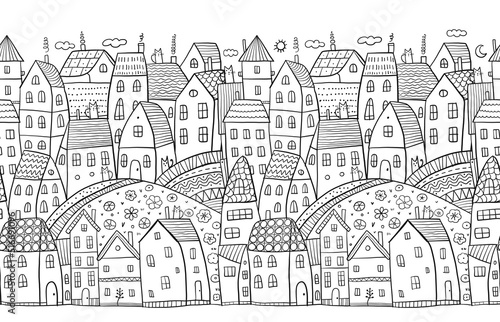 Childish town street landscape with houses on road. Cute city in scandinavian style. Cartoon village buildings, seamless pattern background. Illustration of town childish street with buildings