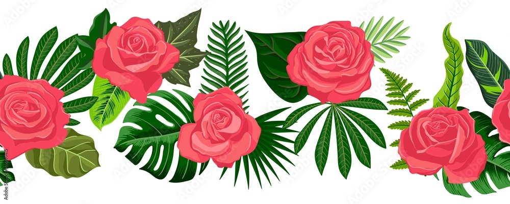 vector drawing tropical garland with green leaves and pink roses flowers, floral composition, exotic seamles pattern at white background , jungle border hand drawn illustration