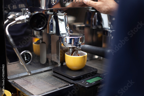 Espresso in a cup, which has been made with a coffee machine.