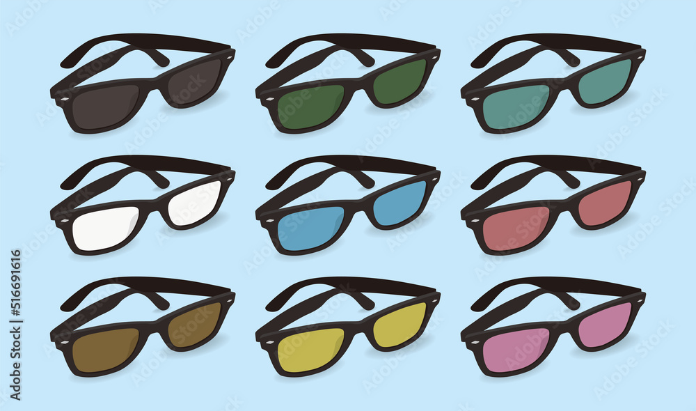 Set of 9 black framed sunglasses viewed from an angle Set of 9 black framed sunglasses viewed from an angle